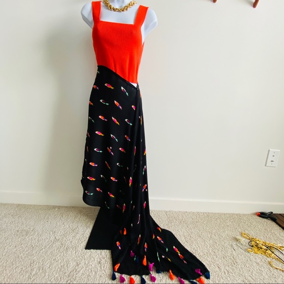 Kate Spade Black Multicolor Birds Scarf with Pompom Fringe Edge - Picture 11 of 13